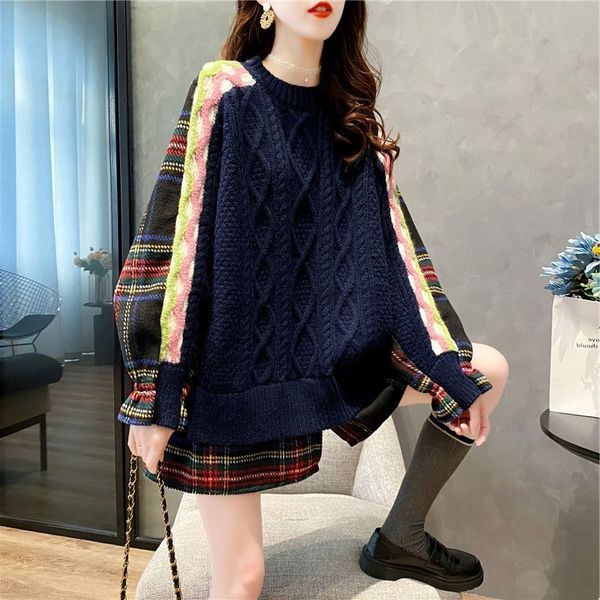 

[ewq] 2020 autumn winter clothes woman plus size long sweater coat contrast color long-sleeved plaid ladies warm pullover knit lj201126, White;black