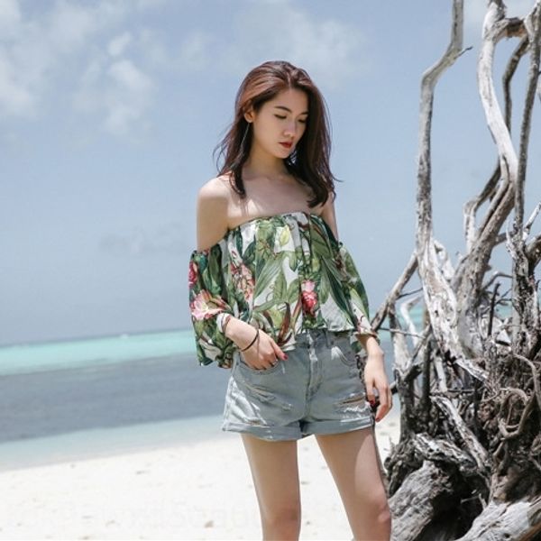 

kjjtv new hornhorn hornbohemian collar one-line printed short green style with trumpet sleeve f086 new t-shirt hornhorn hornbohemian style g, White