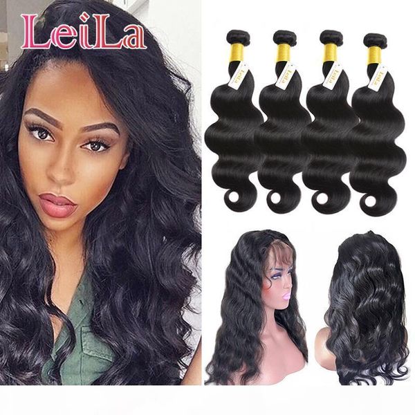 

pre plucked peruvian body wave hair weaves with closure 360 lace band frontal with bundle 360 lace virgin human hair with bady hair 5pcs lot, Black;brown