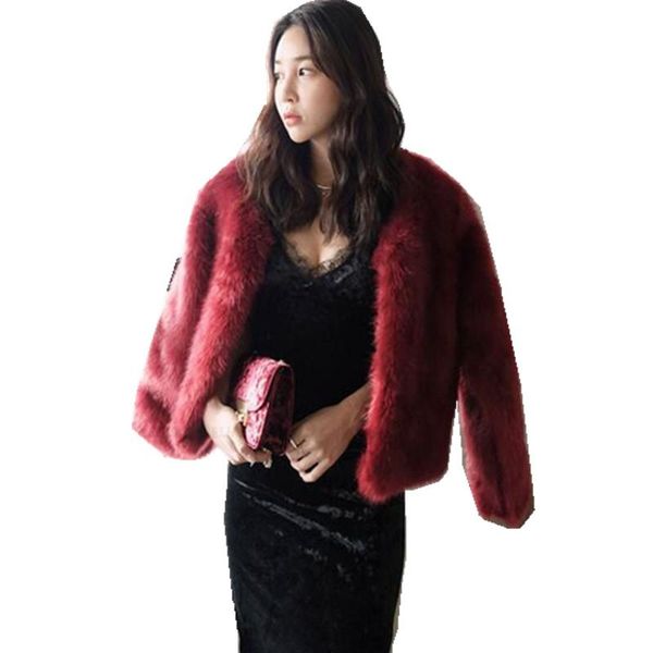 

women's fur & faux wine red v neck long hairy shaggy jackets winter woman sleeve loose short coat outerwear, Black