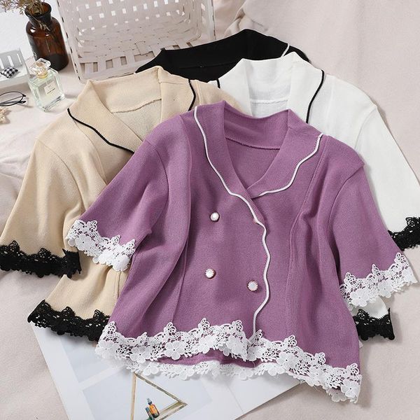 

women patched lace knitted short sweaters cardigans lady summer double breasted buttons thin sweet cardigan female drop shipping, White;black