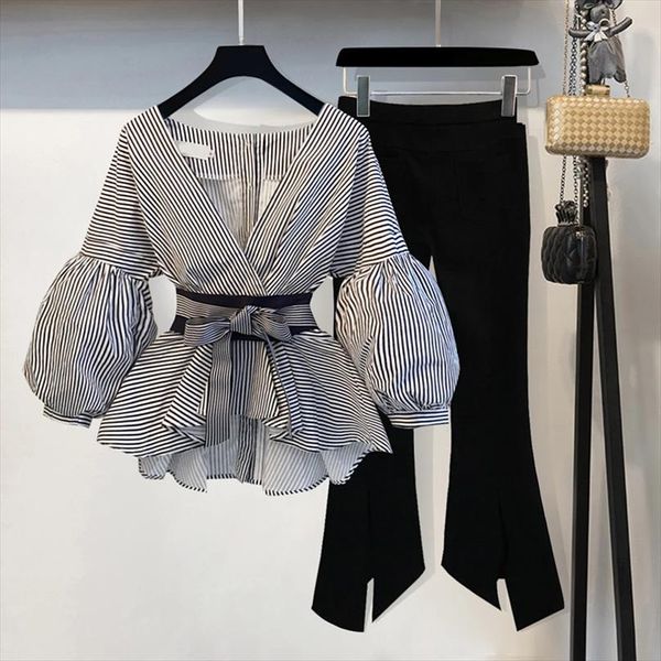

2020 summer office 2 piece set women v neck lantern sleeve striped blouse bow tie shirt split pencil flare pant, Gray