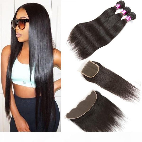 

peruvian human virgin hair straight hair with lace closure 3 bundles unprocessed indian brazilian hair extensions with frontal ear to ear, Black;brown