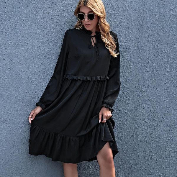 

casual dresses black draped midi dress women 2021 spring lantern sleeve v neck lace up ladies elegant vintage pullover, Black;gray