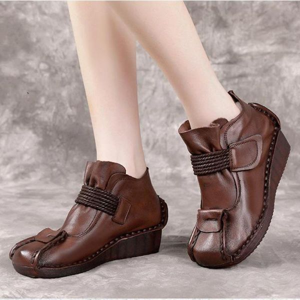 

boots yourseason ladies winter vintage 2021 handmade concise round toe sewing female leisure hook & loop wedges shoes, Black