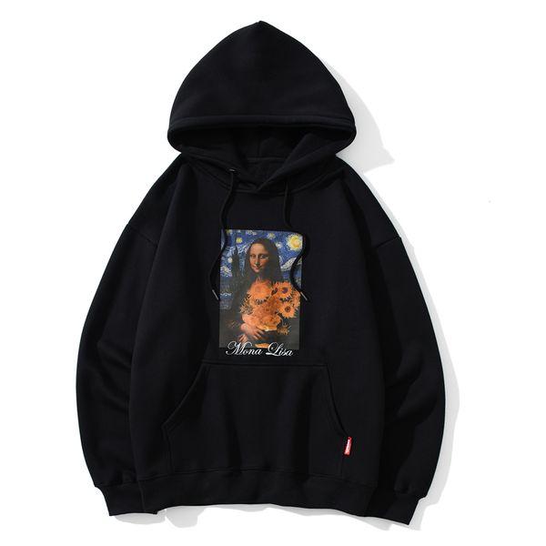 

2021 new hip hop mens van gogh mona lisa print harajuku hoodie sweatshirt streetwear winter fleece cotton pullover men black ypaz