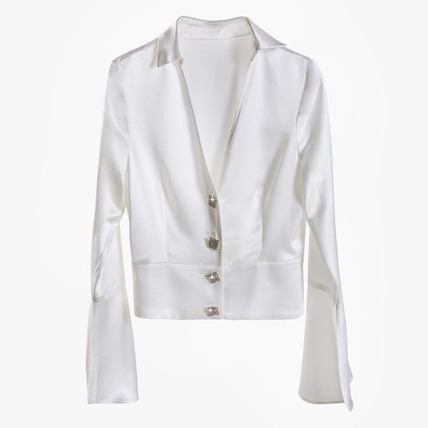 

2020 and new buttons bright smooth horn big female s937 v neck long sleeve shirt lfza, White