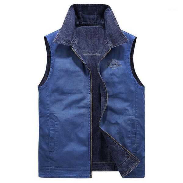 

men's vests men's denim reversible vest 2021 spring sleeveless jackets turn down collar cotton waistcoat breathable fashion vest1, Black;white