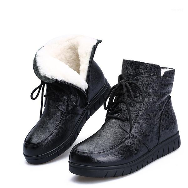 

sell waterproof genuine leather non-slip snow boots women warm natural fur winter boots sheep wool ankle1, Black