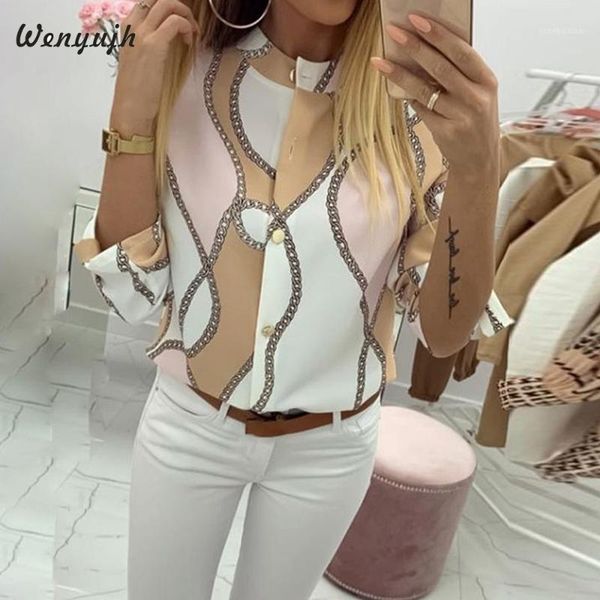 

wenyujh 2019 autumn casual blouse women elegant female o-neck basic shirt adjustable sleeve chains print button blouses1, White