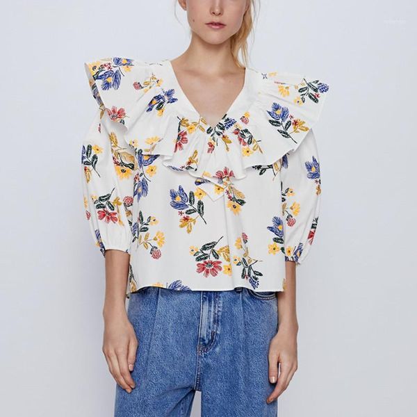

2020 floral print blouse women v-neck long sleeve elastic cuffs sweet shirts loose elegant ruffle summer shirt woman1, White
