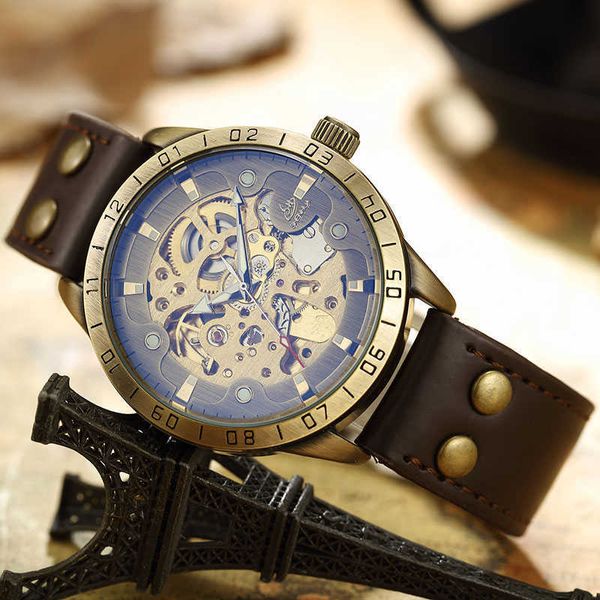 Vintage automático relógio mecânico homens 2022 bronze top marca luxo retro couro genuíno romano escala de esqueleto mens relógios
