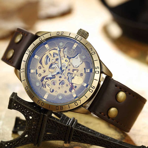 

vintage automatic mechanical watch men 2022 bronze brand luxury retro genuine leather roman skeleton scale dial mens watches, Slivery;brown