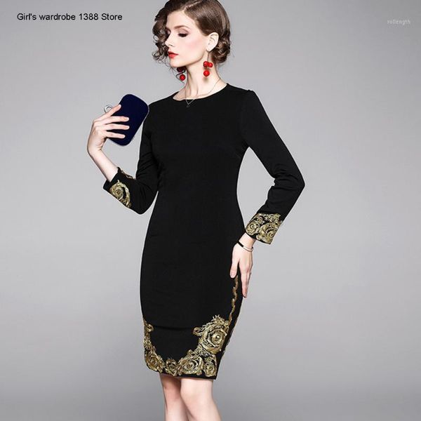 

crew neck heavy work embroidery buttock bottoming dress spring women's new 2020 temperament slim fit with long sleeves1, Black;gray