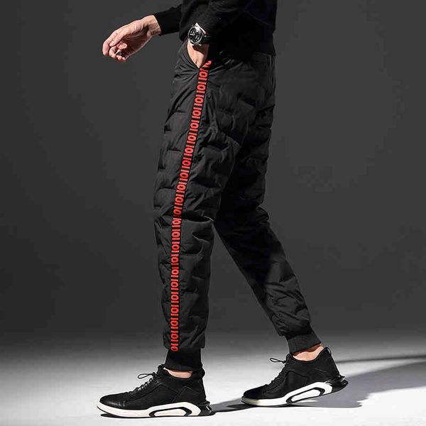 

men's pants winter outdoor down plus size printed windproof thickening warm trousers white duck straight cxvl, Black