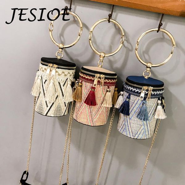 

сумки цилиндр кисточка плечо сумка мода crossbody сумка для женщин кольца цепи casual женского bohemian барабанного форма солома мешка