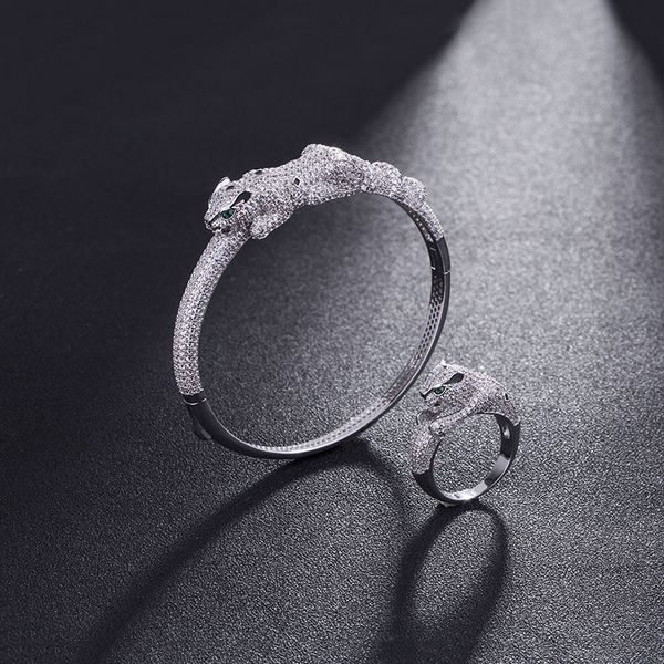 

ladies leopard diamond bangle 925 silver animal bracelet leopard head classic stone bracelet ladies party hollow bangle, Black