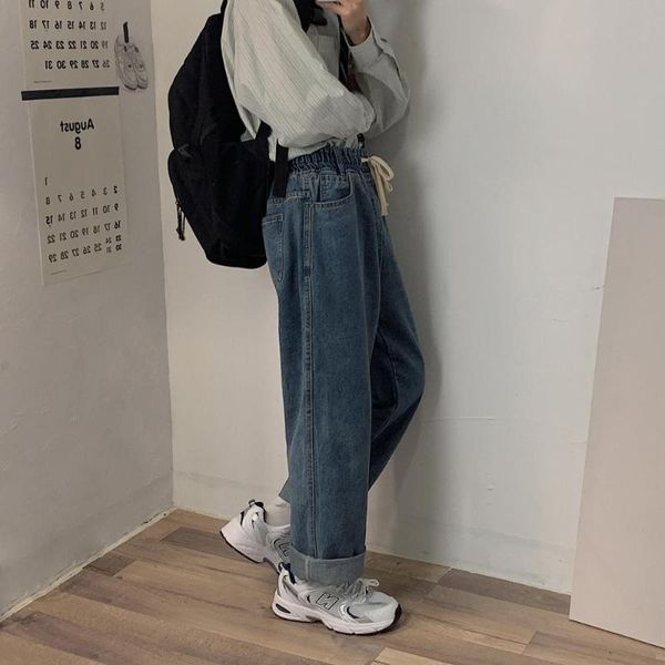 

men's jeans autumn mens drawstring denim pants men elastic waist casual straight loose male fashion streetwear black blue