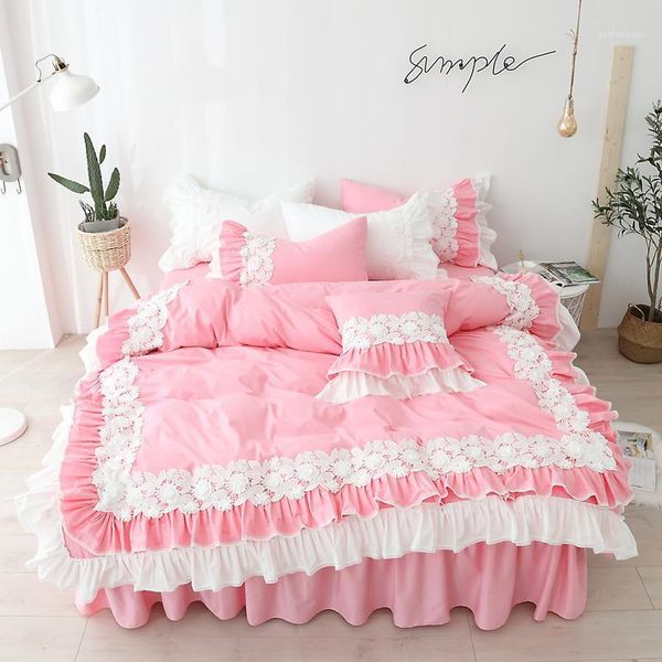 

bedding sets 3/4pcs luxury set pink  size embroidery ruffle lace double duvet cover bedskirt princess warm pillow case white1