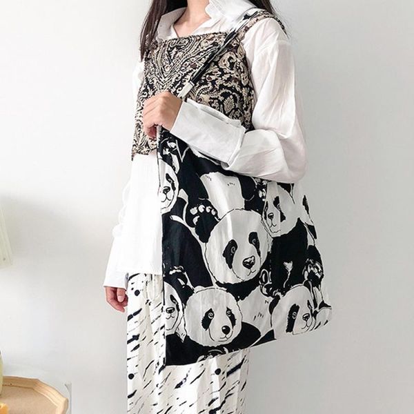 

panda pattern ecology cotton handbag for teenager girls student female cute big capacity reusable shipping shopper shoulder bag