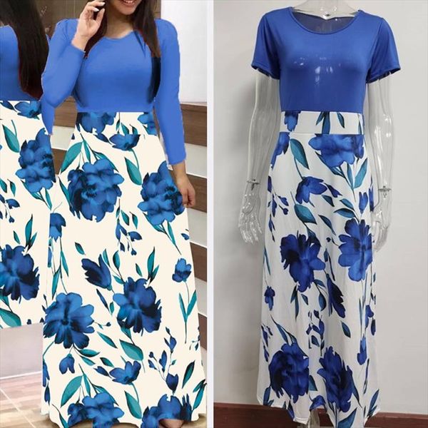 

spring summer for women dress casual long sleeve round neck tunic floral flower print patchwork vintage maxi long dress vestidos, Black;gray