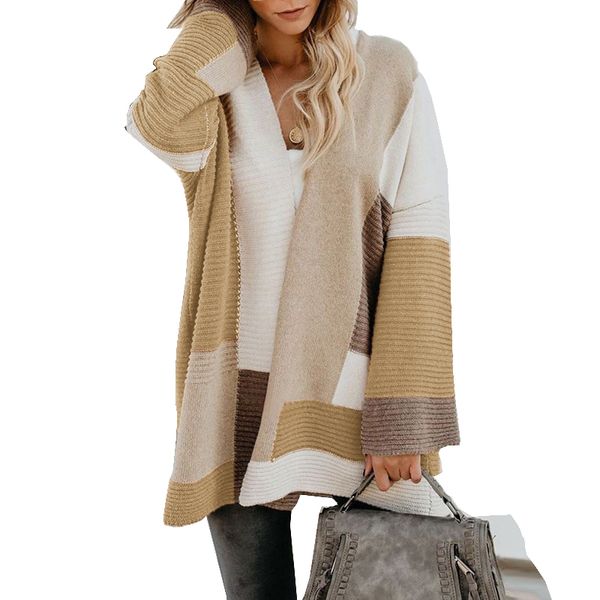 

2021 new womens front cardigan long sleeve striped color block knit sweater coats sjan, White;black