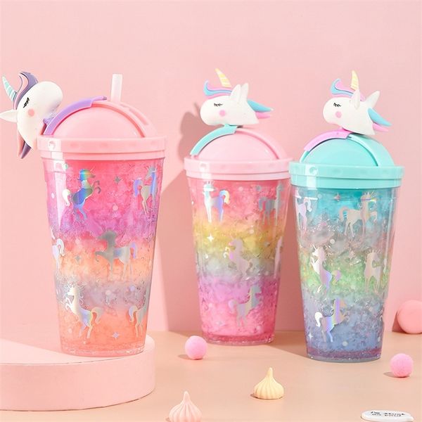 Unicorn Creative Water Bottle Type соломинка с крышкой Летняя большая емкость Студент Милый ледяной чашка пластиковый женский мультфильм R2012 201106