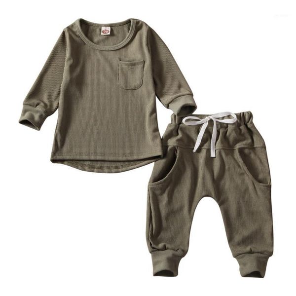 

2020 new spring autumn baby clothing newborn infant kids baby boy girl solid ribbed outfits long sleeve t-shirts +pants1, White