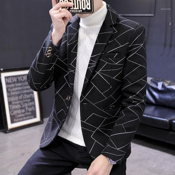 

2021 men's line printing suits for teenagers new trend plus cashmere casual blazers1, White;black