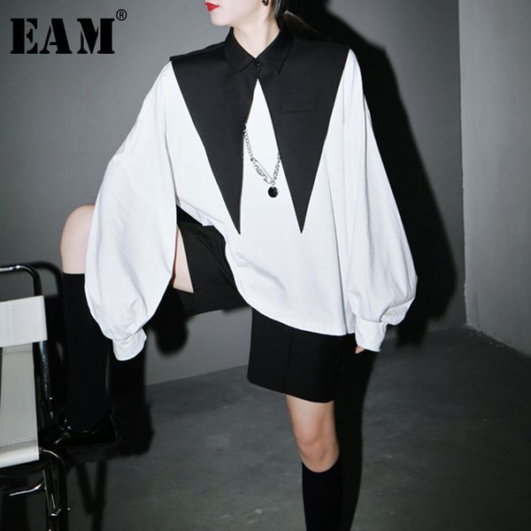 

[eam] women white black split joint big size t-shirt new round neck long sleeve fashion tide spring autumn 1r942 201125