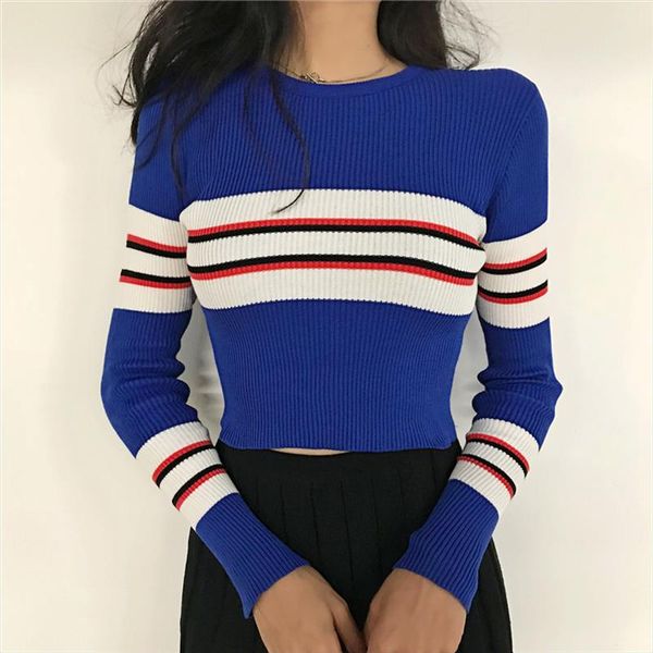 

new autumn women striped sweater o neck cropped sweater pullover crop for female drop shipping high quality, White;black