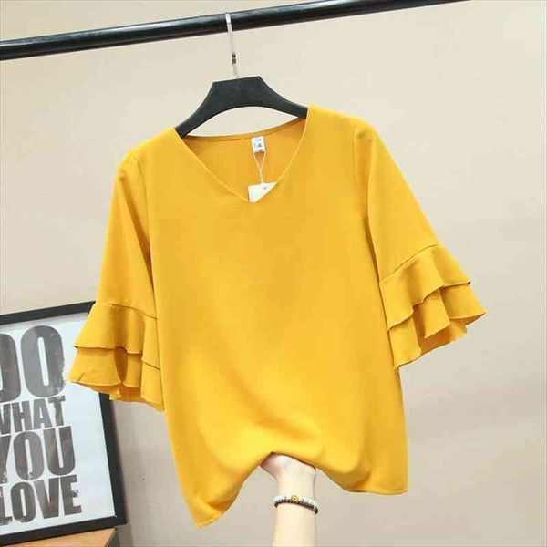 

fashion brand womens blouse summer butterfly sleeve chiffon shirt v-neck casual blouse plus size 4xl loose female, White