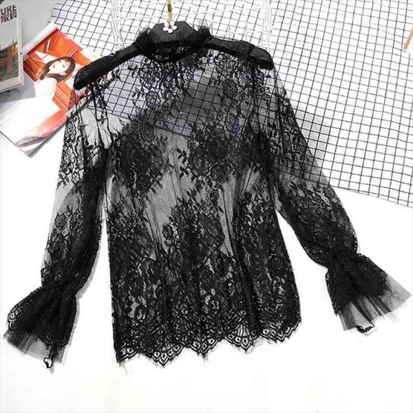 

womens long flare sleeve sheer mesh blouse hollow out embroidered floral lace shirt swimsuit cover up ruffles neck solid color, White