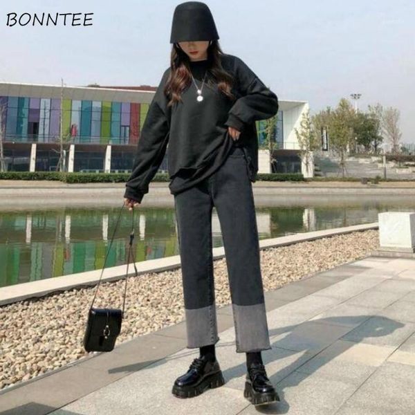 

jeans women patchwork straight high waist button washed vintage ankle-length trousers chic streetwaer harajuku simple ulzzang1, Blue