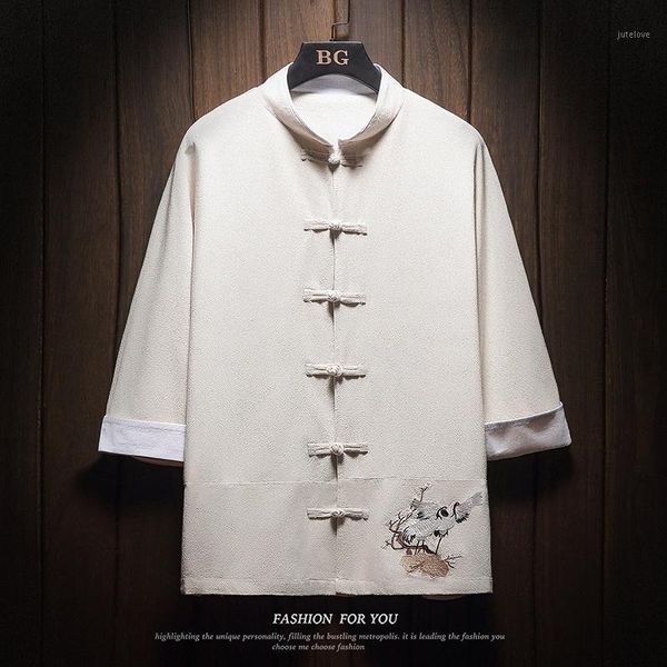 

3/4 sleeve mandarin collar mens shirts japanese streetwear vintage shirt men fashion summer men casual shirt plus size 5xl 4xl1, White;black