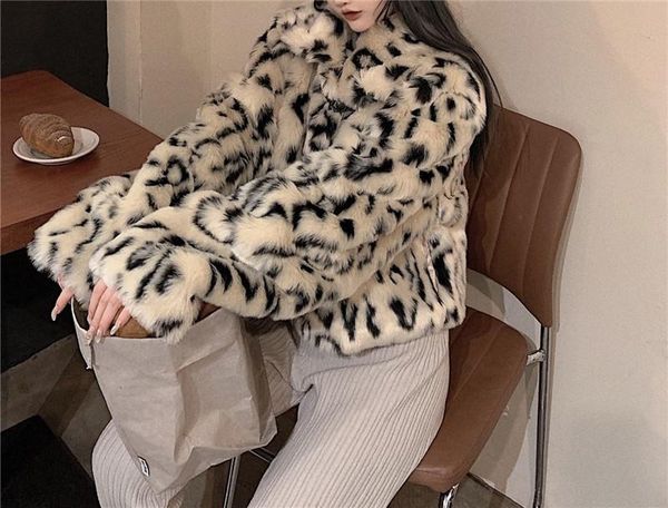 

korean fashion retro leopard print faux lamb hair short coat ladies autumn and winter all-match faux fur warm jacket, Black