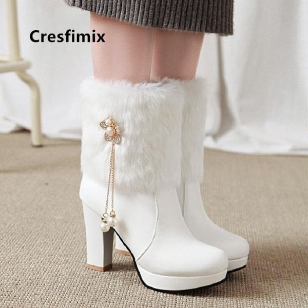 

boots cresfimix botas de mujer women fashion white pu leather fur warm snow lady casual comfortable high heel black a6076