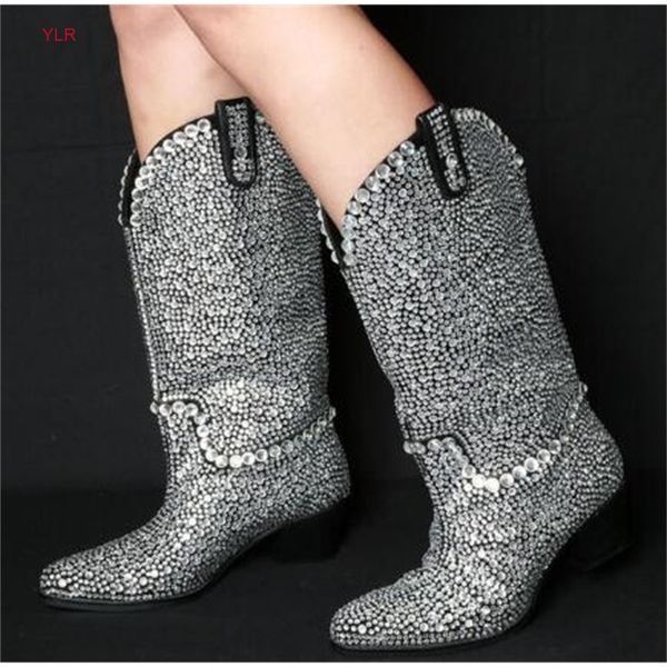 

handmade rhinestone over the knee pointed toe heel woman fashion bling long boots