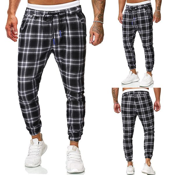 

2019 euro autumn winter new men's fashion color matching plaid versatile casual pants 7131, Black
