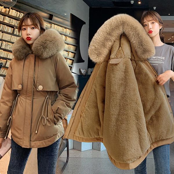 

2021 degree new winter woman parkas hooded collar with big fur windbreaker women's jacket wool liner keep warm outwear for women, Black