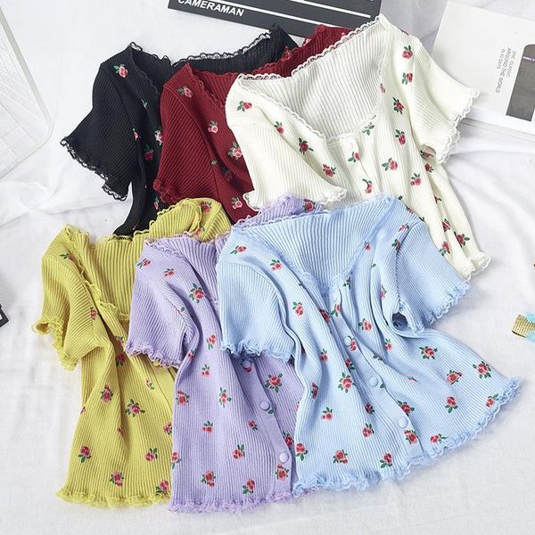 

patched lace o neck knitted short sleeve thin sweaters cardigans lady single breasted printing flowers sweater crop female, White;black