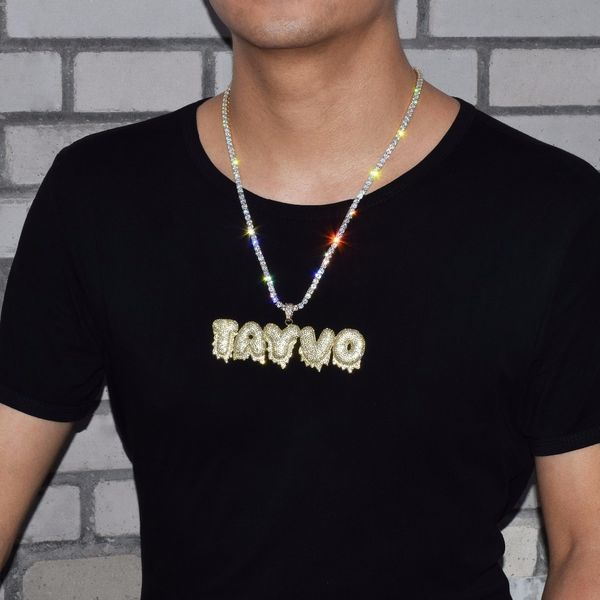 

custom seller white drip new name bubble letters pendants necklaces men's zircon hip hop jewelry with 4mm tennis 20inch chain 2 colors, Silver