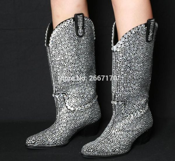 

fashion week style women drilled diamonds knee high boots silver red crystal shoes chunky heel knight bling booties lady boots, Black