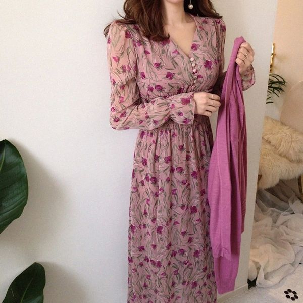 

jxmyy fashion v-neck floral print elastic waist women dress vintage flare sleeve front buttons a-line female long dresses #ua3s, Black;gray