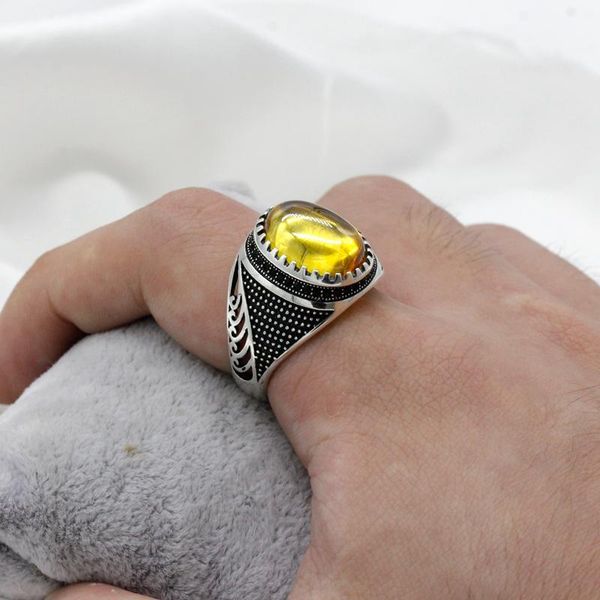

new s925 sterling silver natural zircon men's ring, yellow zircon turkish gemstone ring, men's jewelry, Golden;silver