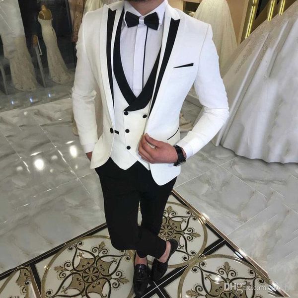 Neueste weiße Anzüge für die Hochzeit, Smoking, Bräutigam, schwarzes, spitzes Revers, Trauzeugen-Outfit, Herren-Blazer, dreiteiliger Anzug