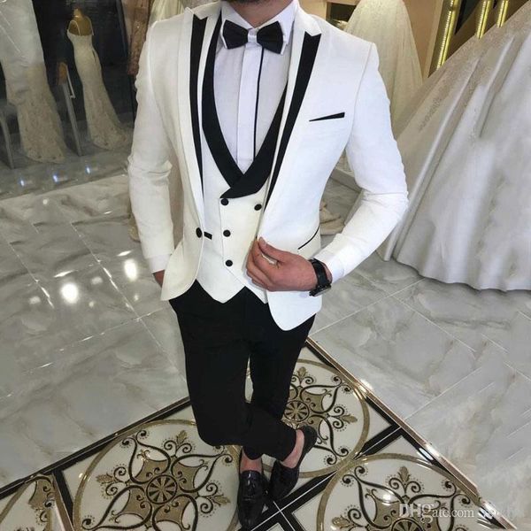 Ultimi abiti bianchi per smoking da sposa Abiti da sposo Risvolto con risvolto nero Groomsmen Outfit Uomo Blazer Abito a tre pezzi