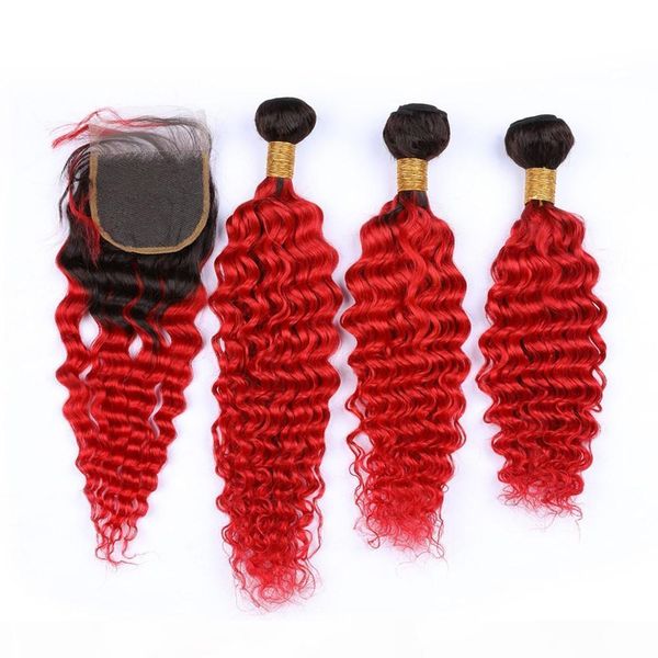 

red ombre deep wave brazilian virgin human hair 3pcs bundles with closure 4pcs lot #1b red ombre 4x4 lace front closure with weaves, Black;brown