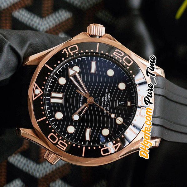 Novo Dive 300m Data 007 Automático 210.62.42.20.03.001 Relógio masculino de textura preta Moldura preta Caixa de ouro rosa Relógios de borracha Pure_Time 6 cores