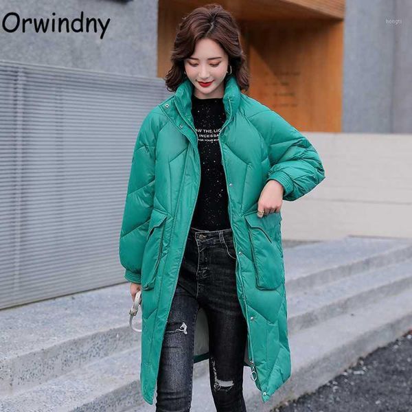 

orwindny long winter coat women loose padded parkas thick female jackets big pockets fashion warm winter jackets stand collar1, Black